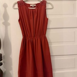 LOFT Coral Midi Dress with Crochet Shoulder Detail